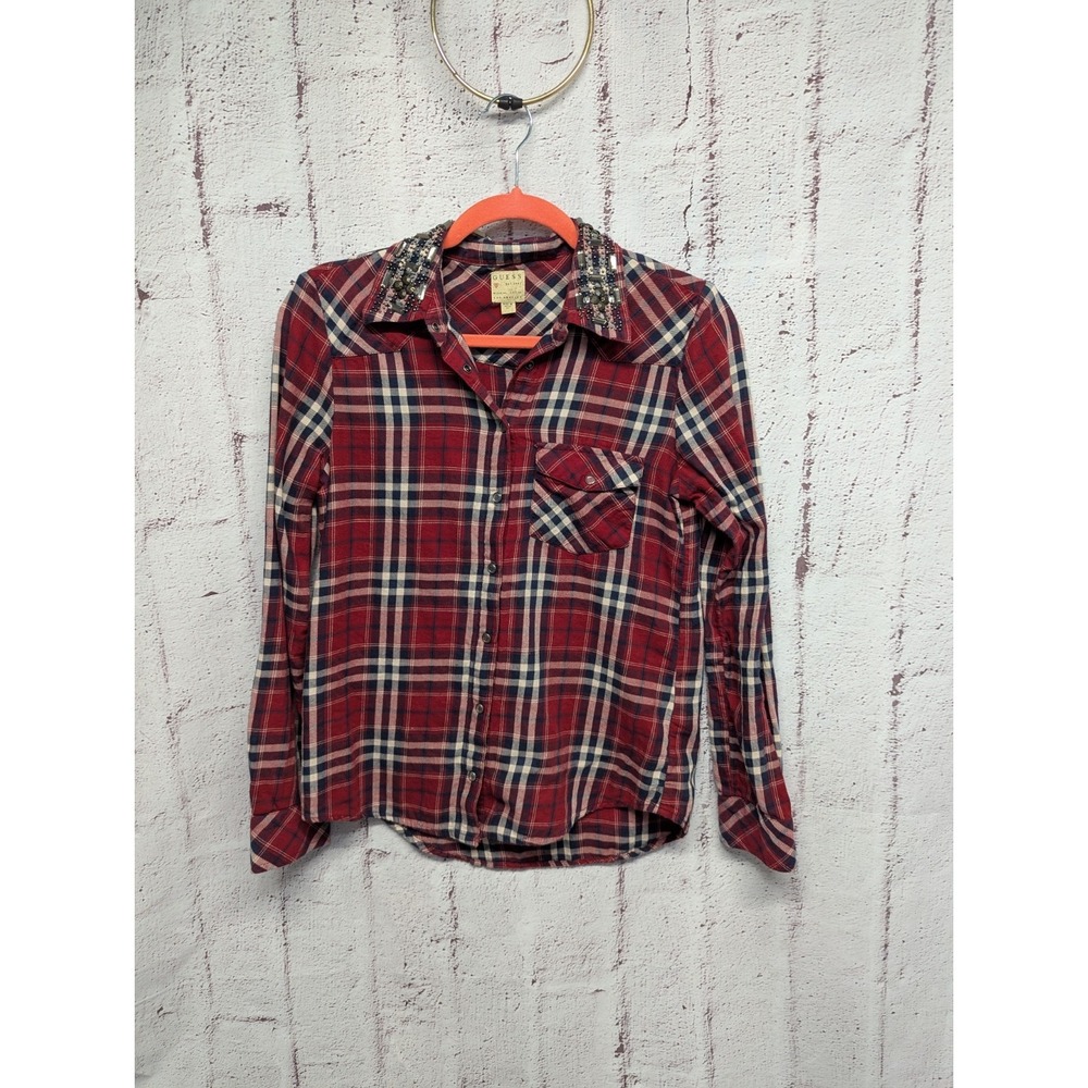 Guess Western Red Plaid‎ Pearl Snap Shirt Y2K Embellished Collar Women Sz XS